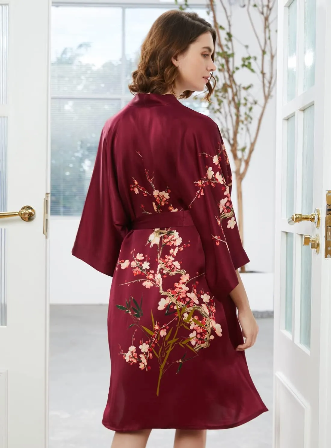 Ledamon Women's 100% Silk Kimono Short Robe