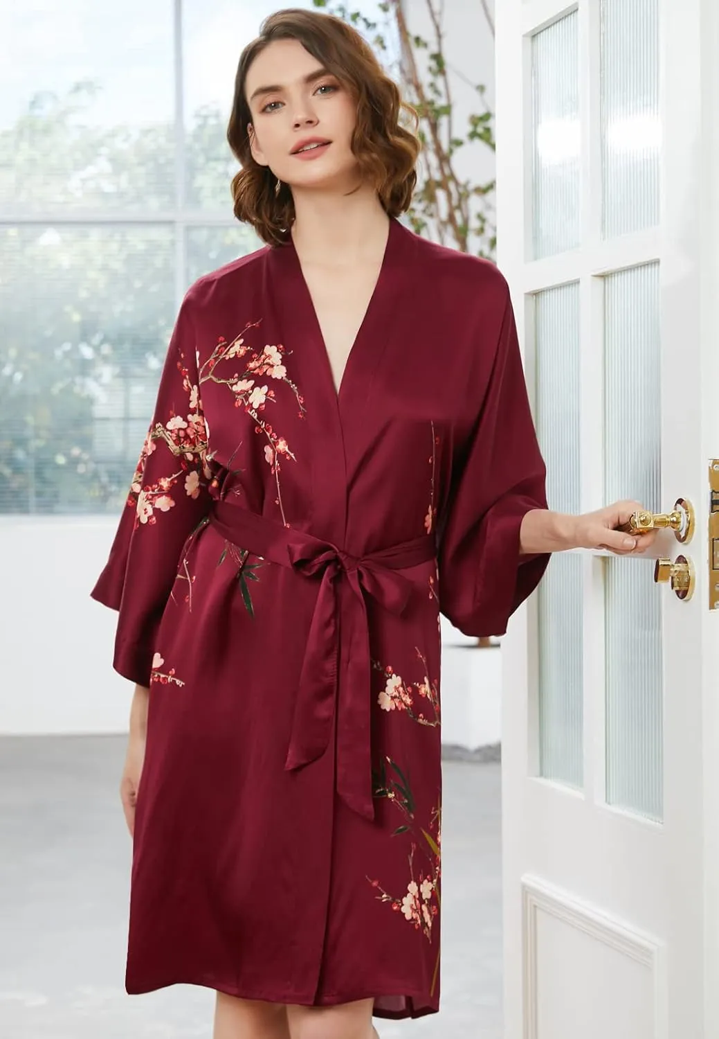 Ledamon Women's 100% Silk Kimono Short Robe