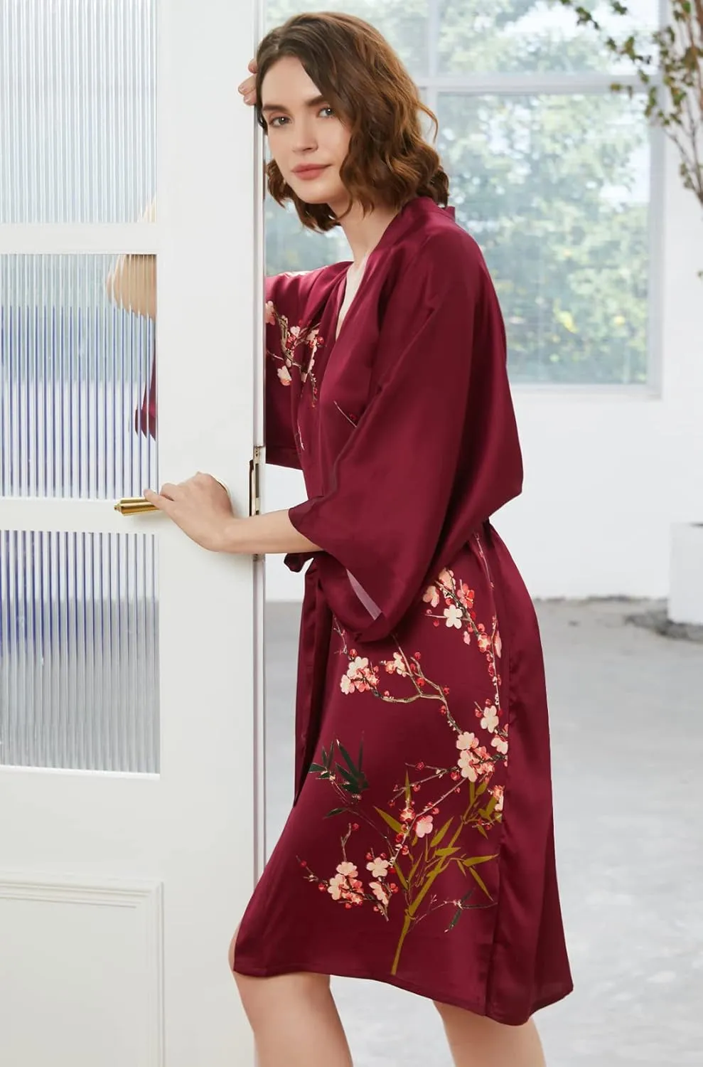 Ledamon Women's 100% Silk Kimono Short Robe
