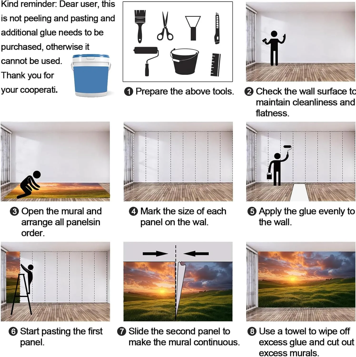 LEGENOB Natural Scenery Grassland Mural， Beautiful Sky Sunset Mural Wall Decor for Living Room Bedroom Kids Room Nursery Activity Room-59 W x 39.4" H