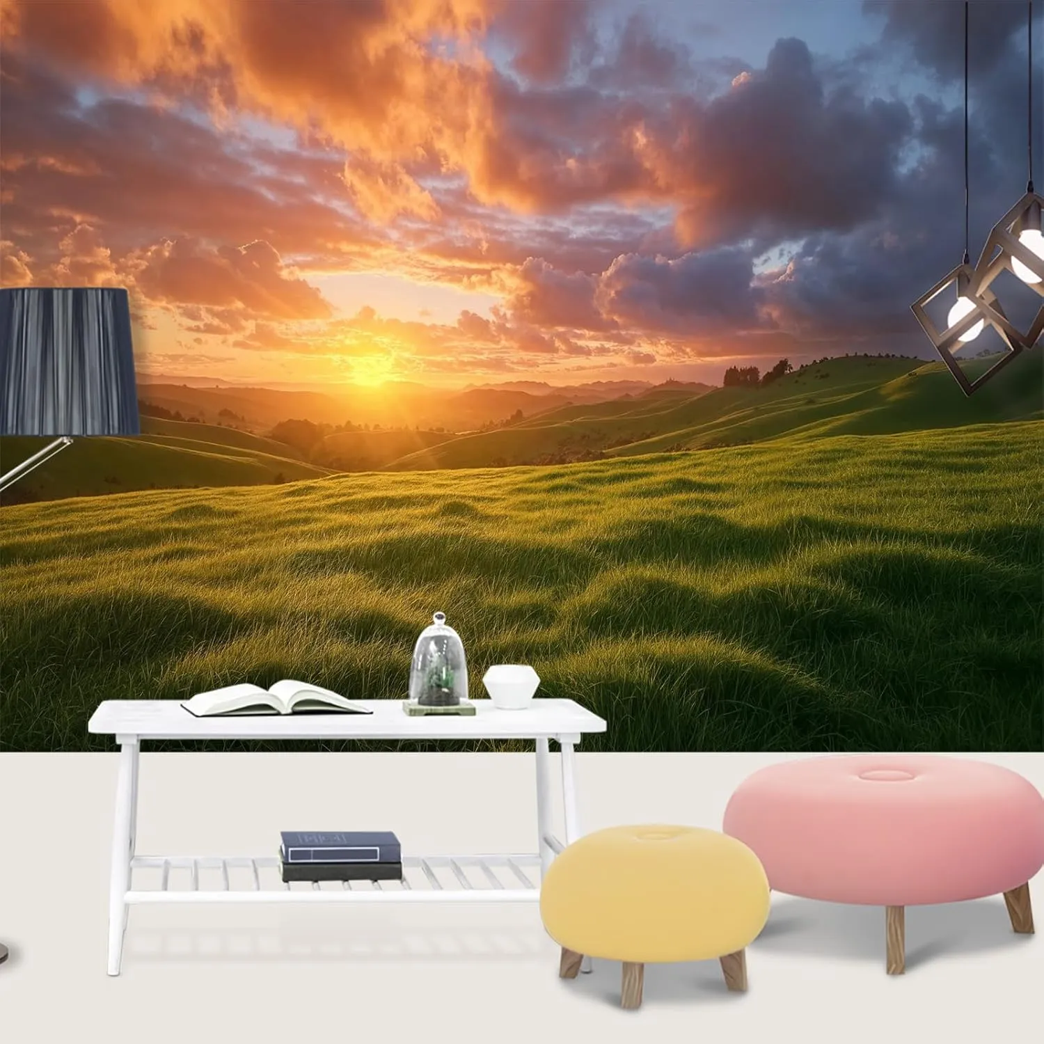 LEGENOB Natural Scenery Grassland Mural， Beautiful Sky Sunset Mural Wall Decor for Living Room Bedroom Kids Room Nursery Activity Room-59 W x 39.4" H