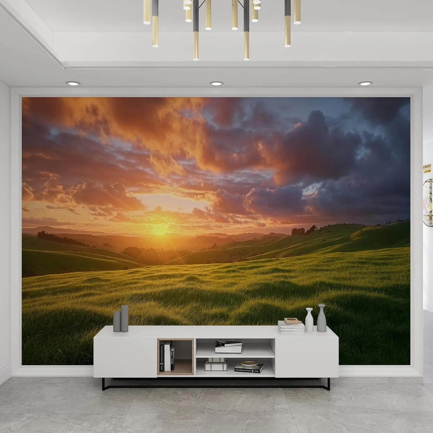 LEGENOB Natural Scenery Grassland Mural， Beautiful Sky Sunset Mural Wall Decor for Living Room Bedroom Kids Room Nursery Activity Room-59 W x 39.4" H