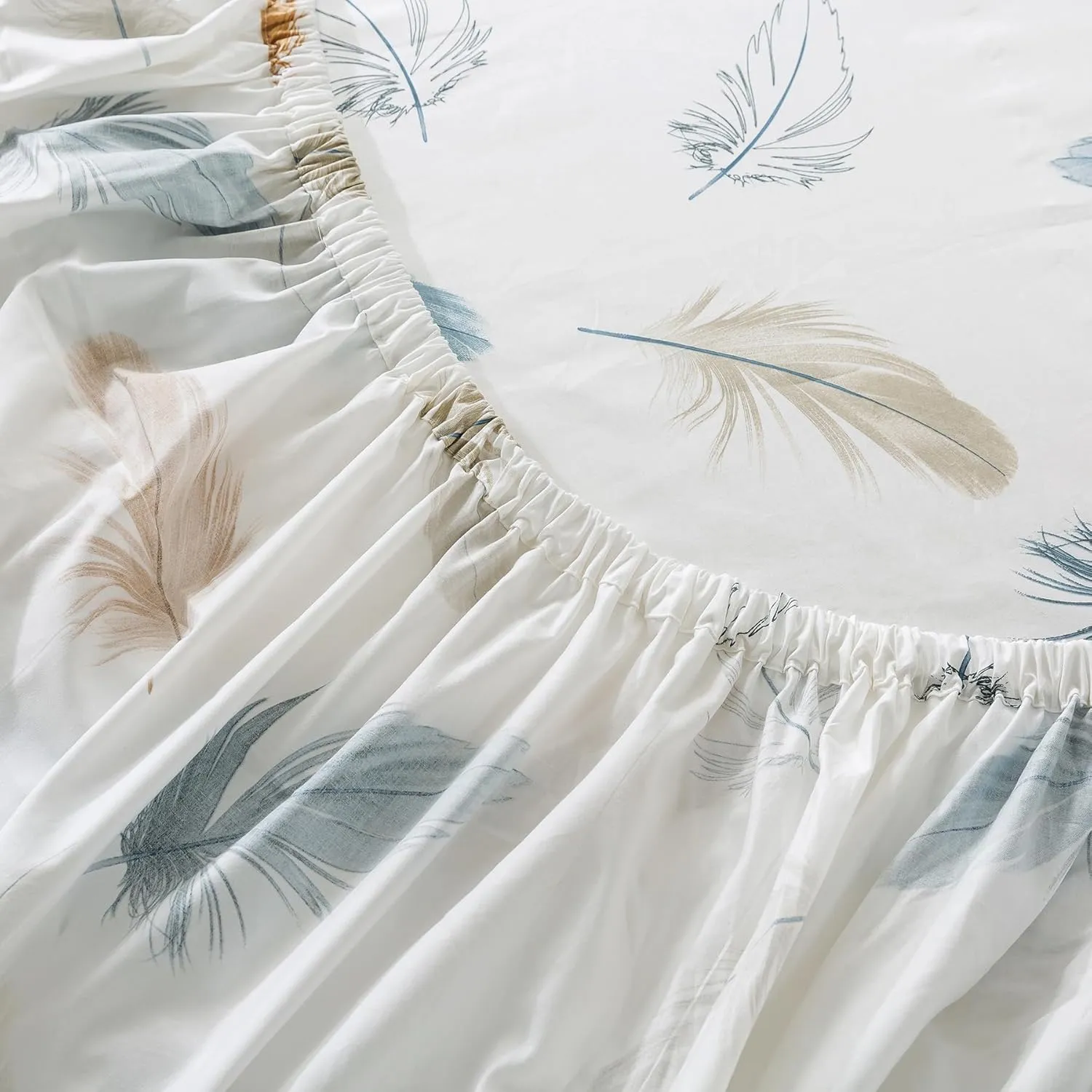 Lemfux Cotton Twin XL Size Bed Sheet Sets 4 Pieces Feather Print Cream White Colorful Plume Pattern 1 Flat Sheet 66"x96", 1 Fitted Sheet 39"x80", 2 Pillow Shams 20"x29"