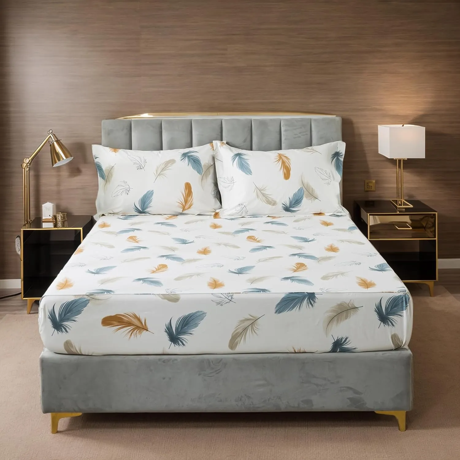 Lemfux Cotton Twin XL Size Bed Sheet Sets 4 Pieces Feather Print Cream White Colorful Plume Pattern 1 Flat Sheet 66"x96", 1 Fitted Sheet 39"x80", 2 Pillow Shams 20"x29"