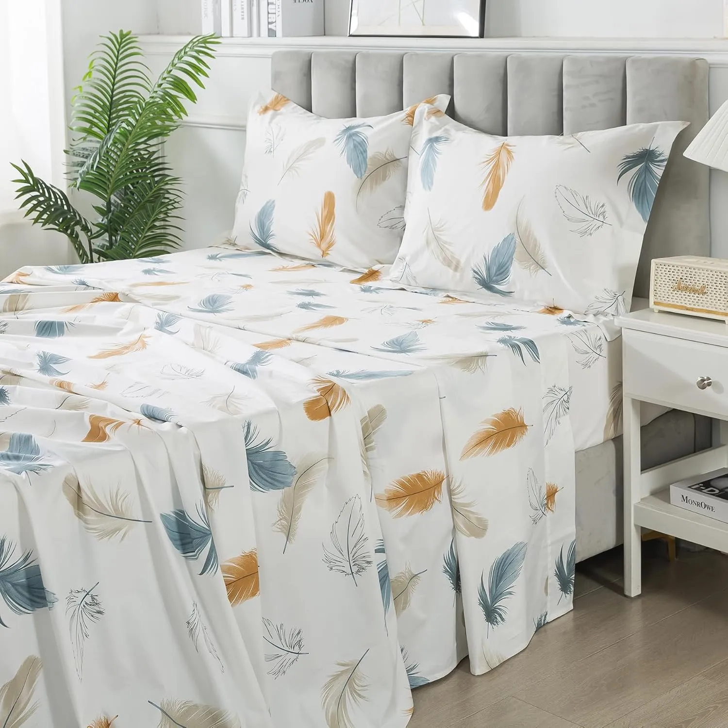 Lemfux Cotton Twin XL Size Bed Sheet Sets 4 Pieces Feather Print Cream White Colorful Plume Pattern 1 Flat Sheet 66"x96", 1 Fitted Sheet 39"x80", 2 Pillow Shams 20"x29"