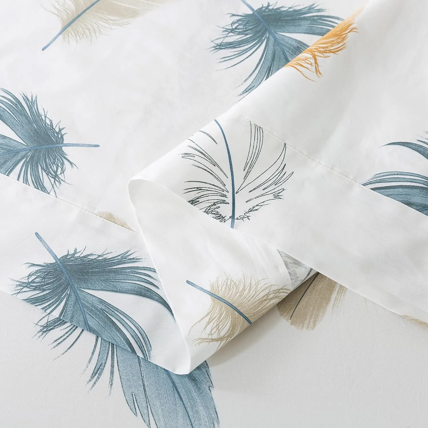 Lemfux Cotton Twin XL Size Bed Sheet Sets 4 Pieces Feather Print Cream White Colorful Plume Pattern 1 Flat Sheet 66"x96", 1 Fitted Sheet 39"x80", 2 Pillow Shams 20"x29"