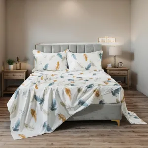 Lemfux Cotton Twin XL Size Bed Sheet Sets 4 Pieces Feather Print Cream White Colorful Plume Pattern 1 Flat Sheet 66"x96", 1 Fitted Sheet 39"x80", 2 Pillow Shams 20"x29"