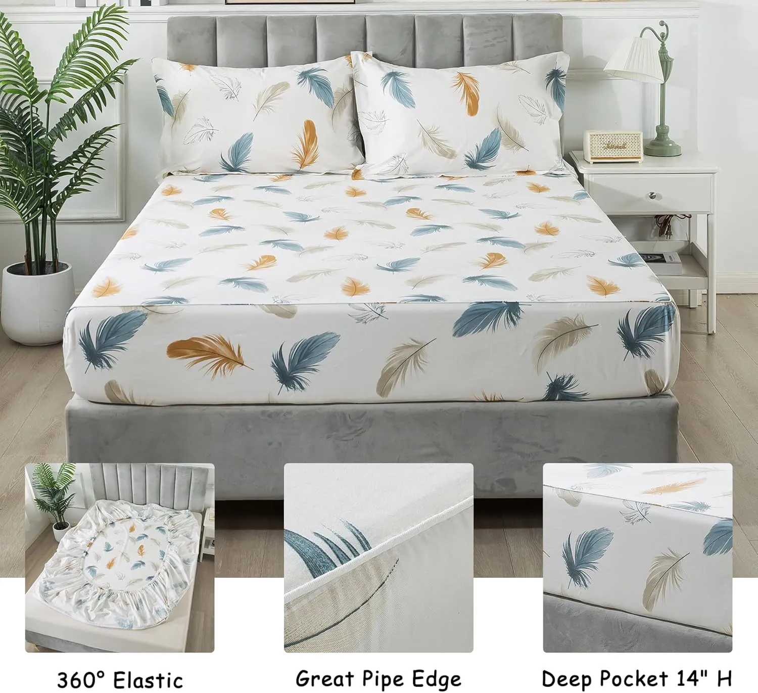 Lemfux Cotton Twin XL Size Bed Sheet Sets 4 Pieces Feather Print Cream White Colorful Plume Pattern 1 Flat Sheet 66"x96", 1 Fitted Sheet 39"x80", 2 Pillow Shams 20"x29"