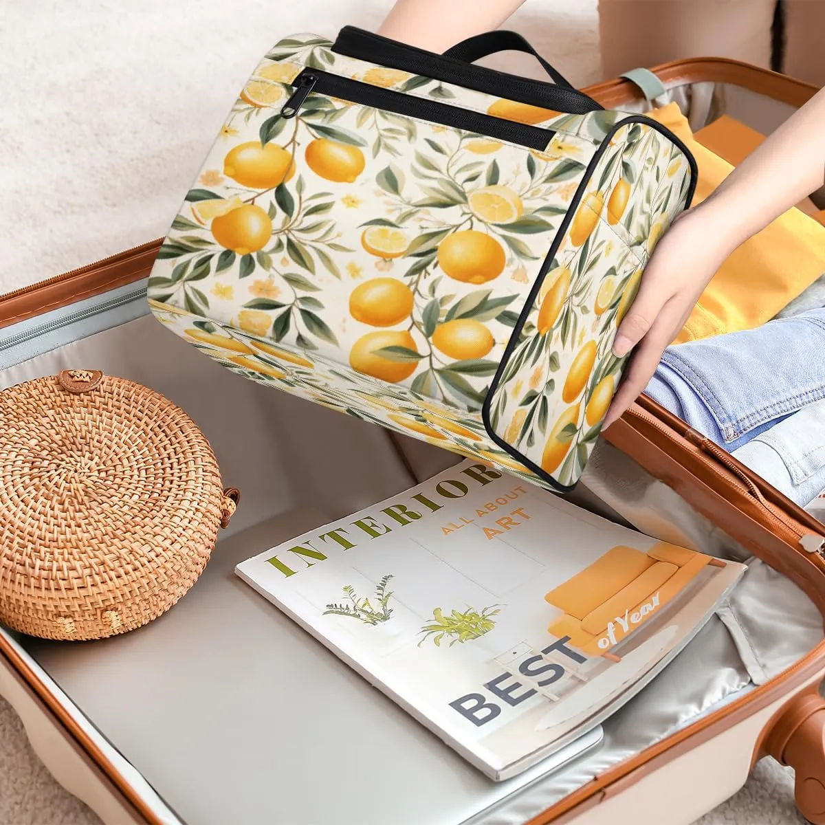 Lemon Fruit Make Up Bags for Women Travel Toiletry Bag Portable Makeup Organizer Bag with Metal Hook and Dividers Inside