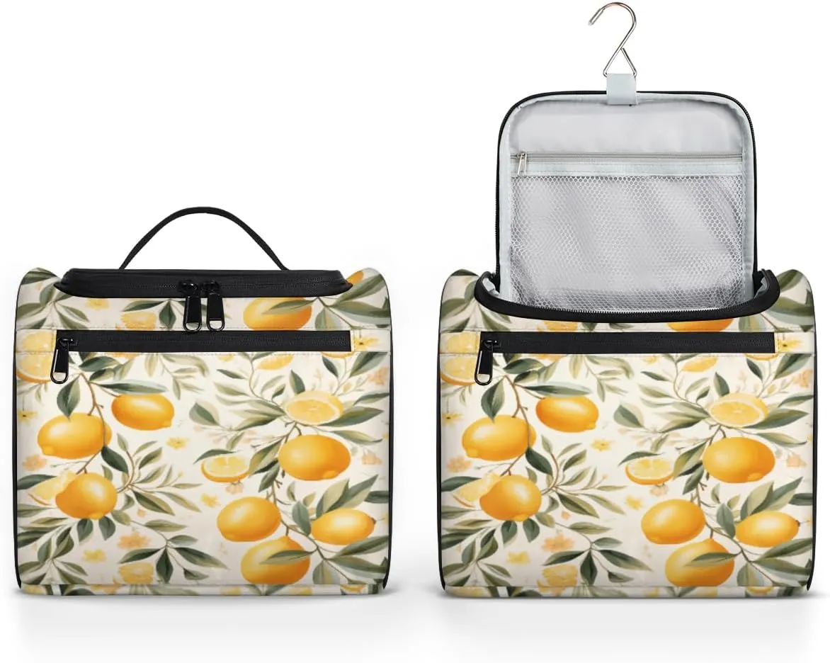 Lemon Fruit Make Up Bags for Women Travel Toiletry Bag Portable Makeup Organizer Bag with Metal Hook and Dividers Inside