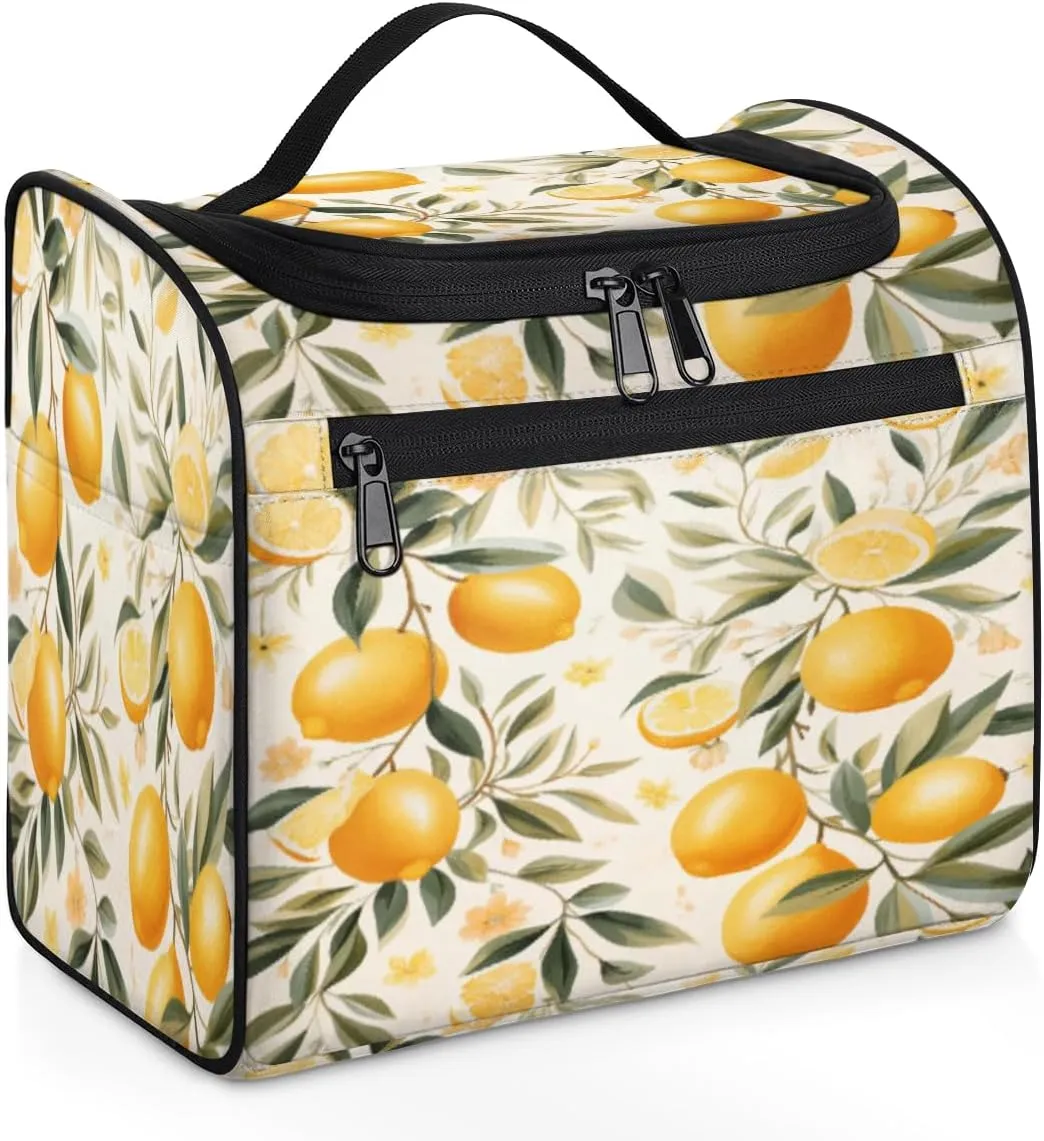 Lemon Fruit Make Up Bags for Women Travel Toiletry Bag Portable Makeup Organizer Bag with Metal Hook and Dividers Inside