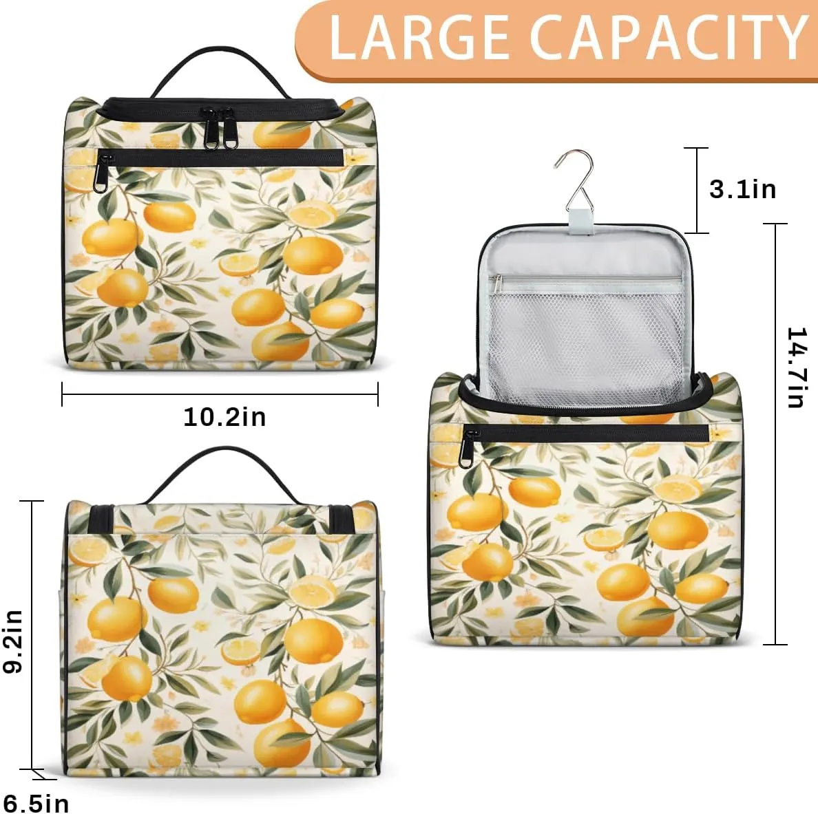 Lemon Fruit Make Up Bags for Women Travel Toiletry Bag Portable Makeup Organizer Bag with Metal Hook and Dividers Inside