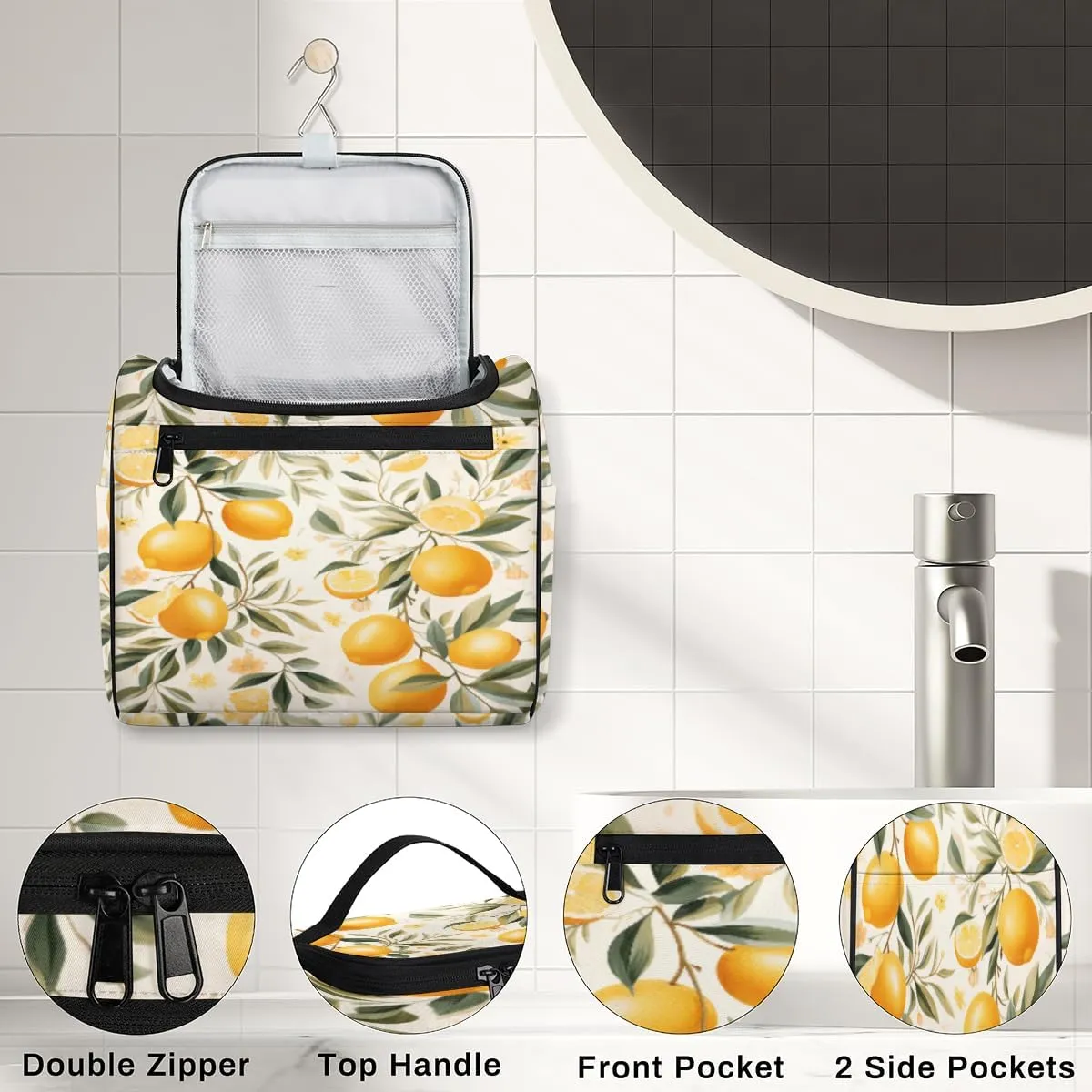 Lemon Fruit Make Up Bags for Women Travel Toiletry Bag Portable Makeup Organizer Bag with Metal Hook and Dividers Inside