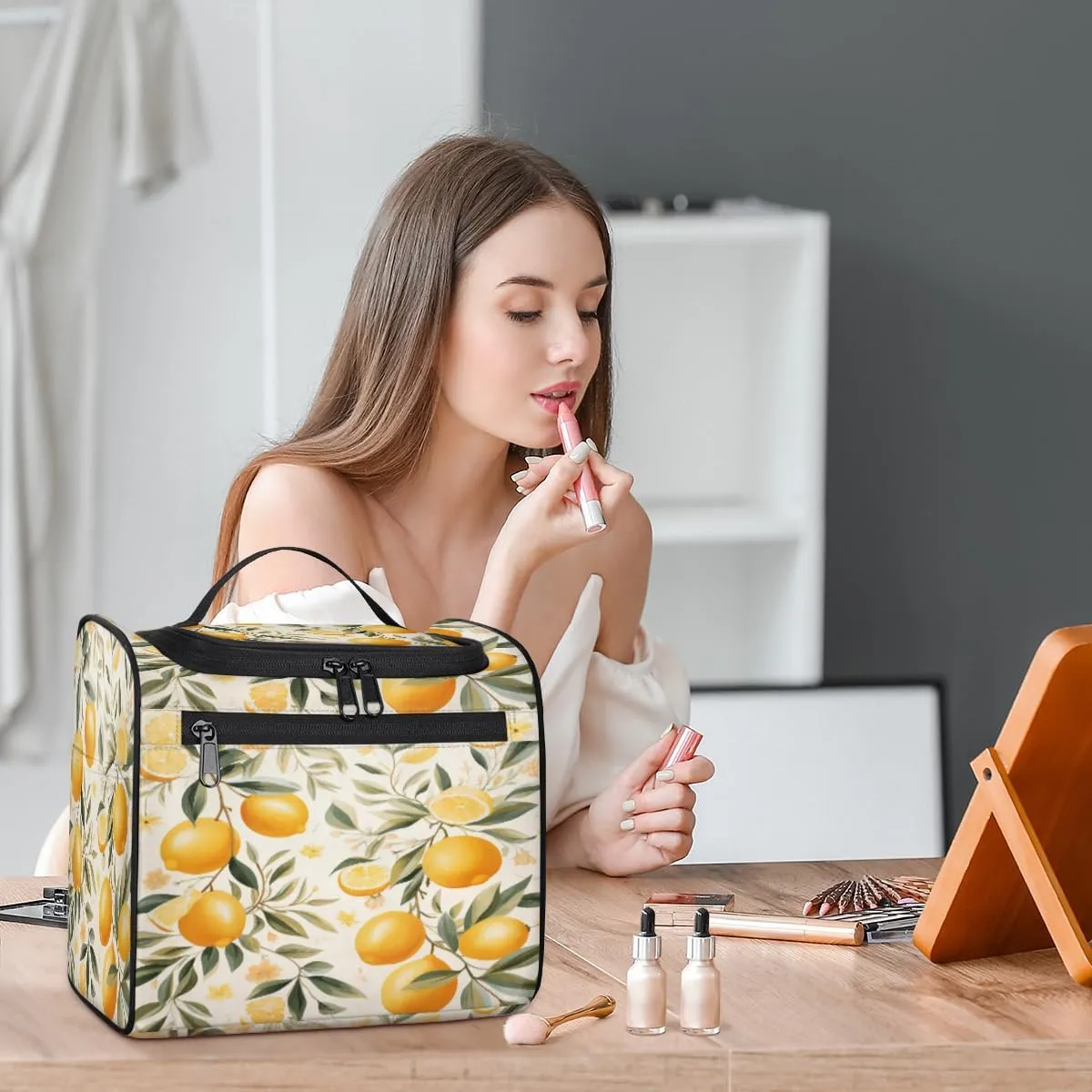 Lemon Fruit Make Up Bags for Women Travel Toiletry Bag Portable Makeup Organizer Bag with Metal Hook and Dividers Inside