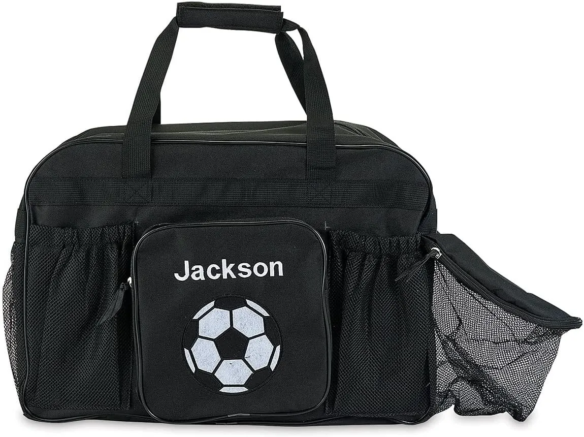 Lillian Vernon Personalized Soccer Duffel Bag for Kids – Custom Name Sports & Travel Gear with Ball & Water Bottle Holder Compartment, 19” Black Bags for Boys