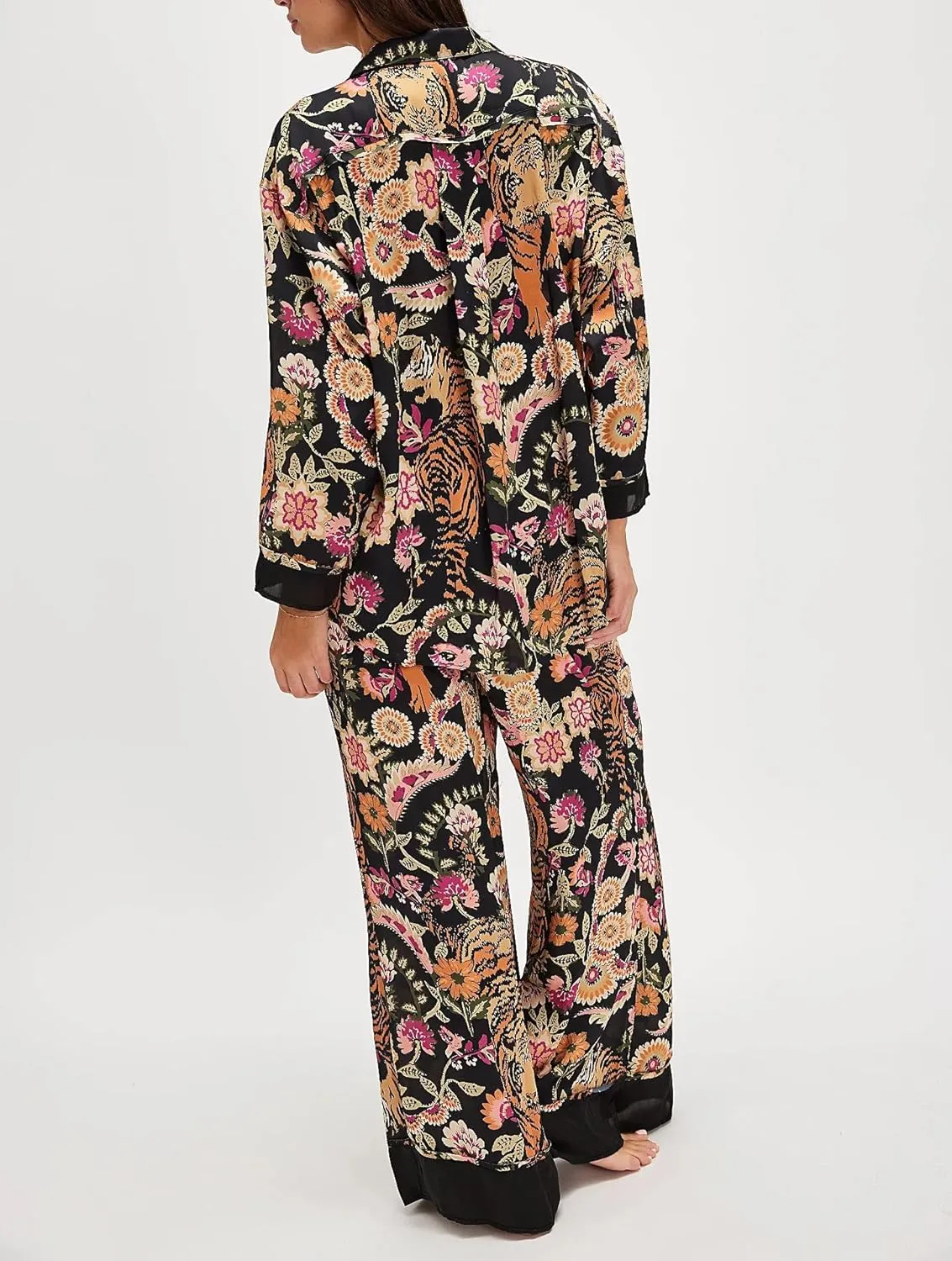 LILTWIST Silk Satin Pajamas Set for Women 2 Piece Floral Pjs Wide Leg Lounge Pants Set Long Sleeve Button down Pj Shirts Set