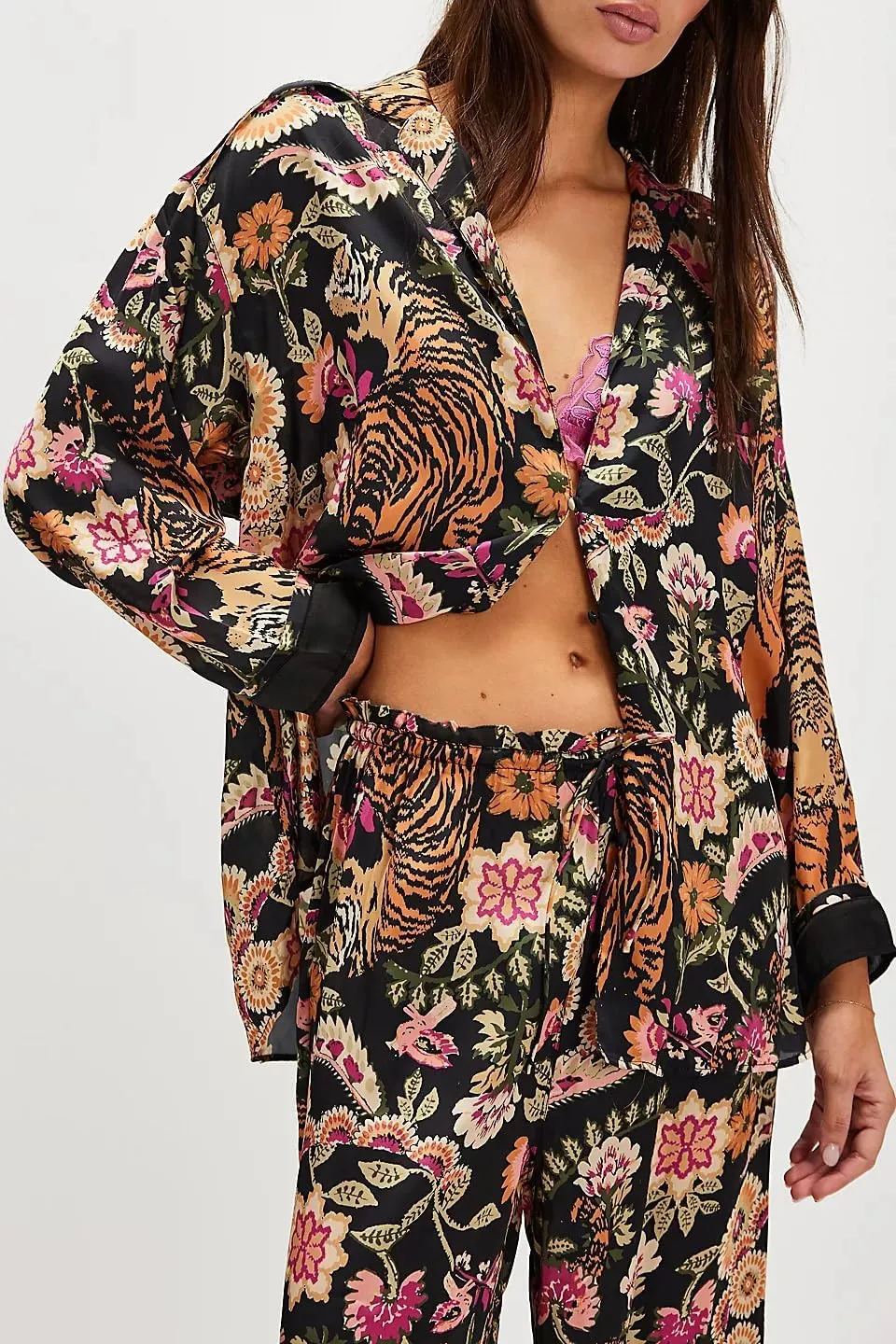 LILTWIST Silk Satin Pajamas Set for Women 2 Piece Floral Pjs Wide Leg Lounge Pants Set Long Sleeve Button down Pj Shirts Set