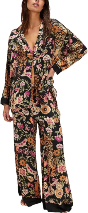 LILTWIST Silk Satin Pajamas Set for Women 2 Piece Floral Pjs Wide Leg Lounge Pants Set Long Sleeve Button down Pj Shirts Set