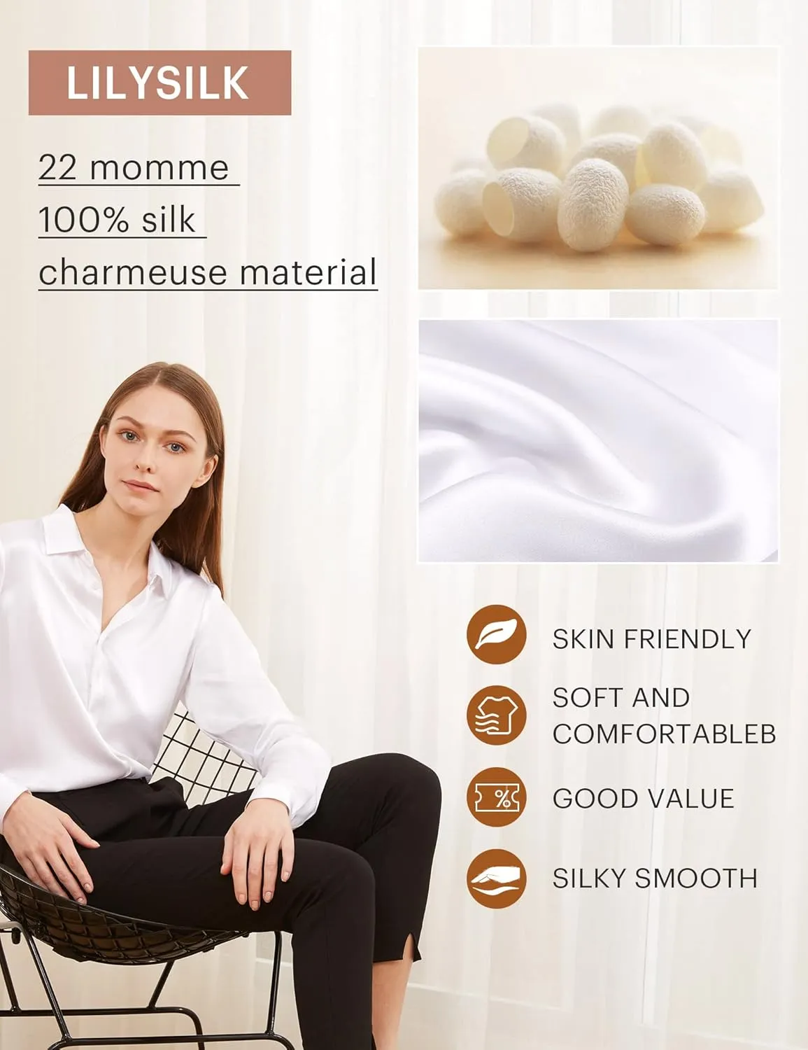 LilySilk Silk Blouse for Women 100% Pure Silk Long Sleeves Cool Smooth Tops