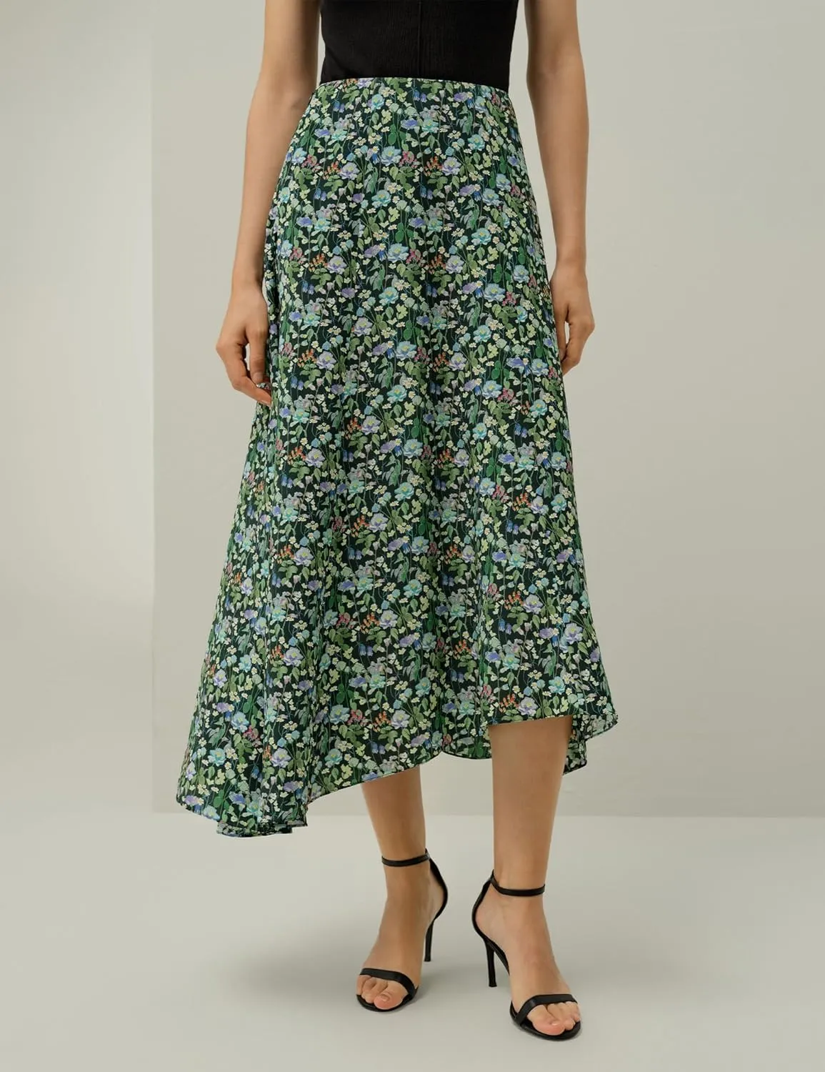 LilySilk Women Silk Midi Skirt Colored Print Flat Front Silk Skirts for Ladies Summer Vacation Fairytale Forest Print