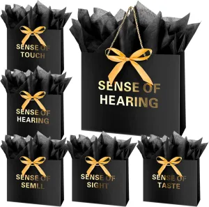 Linelglobal 5 Sense Gift Bag for Men Women with Tissue Paper, 12.6" Anniversary Bag for Him Her Birthday Black Gold