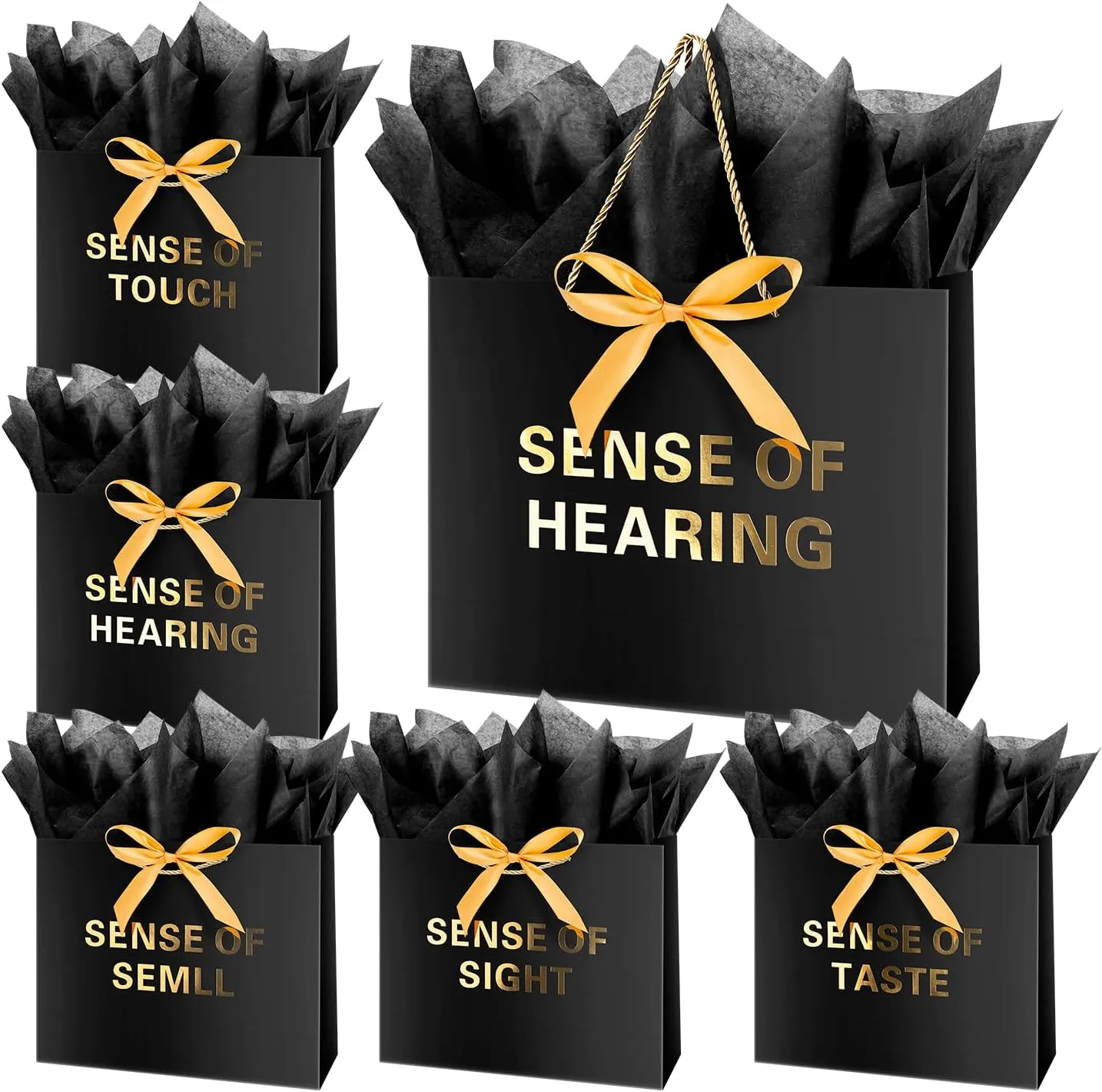 Linelglobal 5 Sense Gift Bag for Men Women with Tissue Paper, 12.6" Anniversary Bag for Him Her Birthday Black Gold