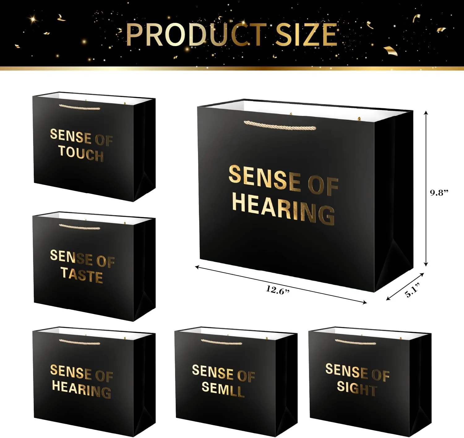Linelglobal 5 Sense Gift Bag for Men Women with Tissue Paper, 12.6" Anniversary Bag for Him Her Birthday Black Gold