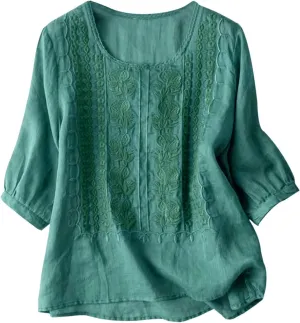 Linen Shirts for Women Vintage Embroidered Blouse Short Sleeve Summer Casual Dressy Loose Crew Neck Boho Tops