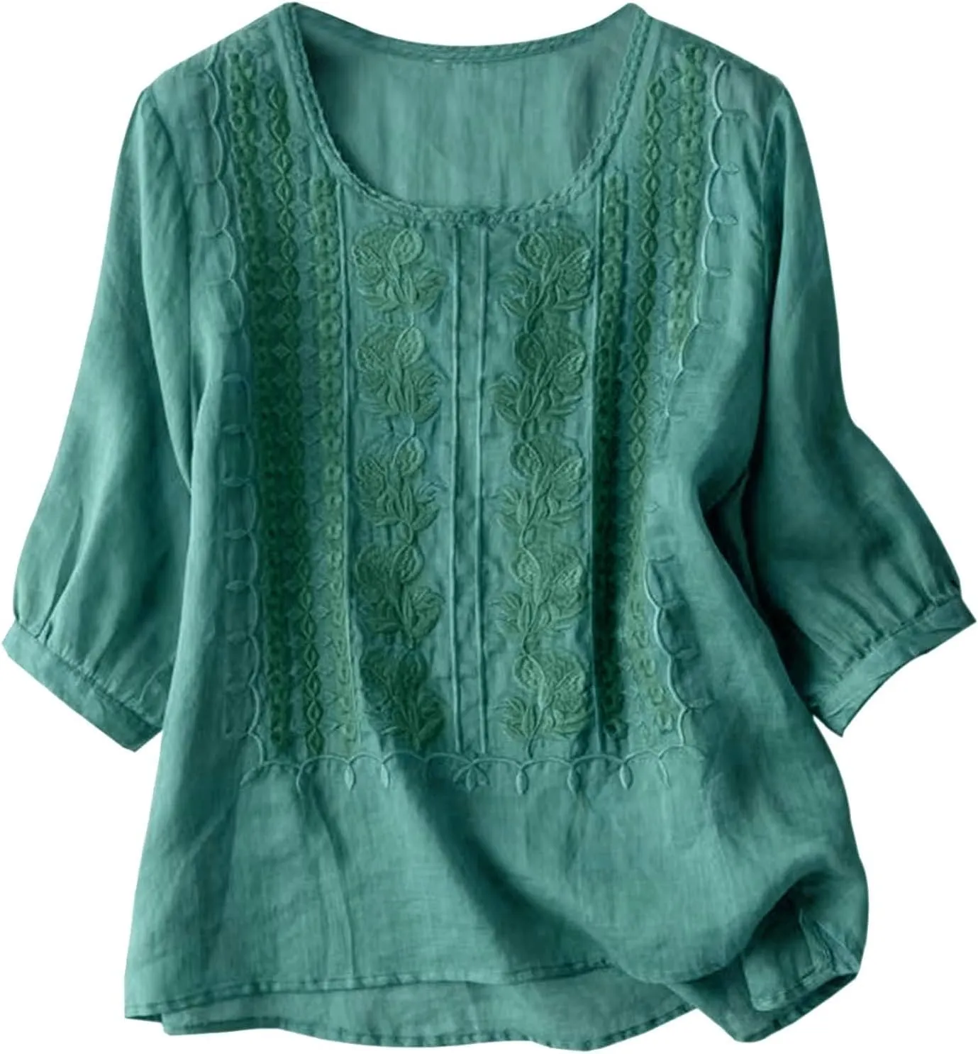 Linen Shirts for Women Vintage Embroidered Blouse Short Sleeve Summer Casual Dressy Loose Crew Neck Boho Tops