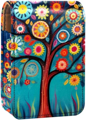 Lipstick Case,Leather Lip Gloss Lipstick Organizer with Mirror,Mini Lipstick Holder Bag,Abstract Colorful Printing Tree