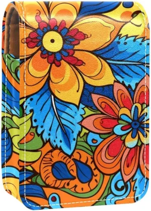 Lipstick Case,Leather Lip Gloss Lipstick Organizer with Mirror,Mini Lipstick Holder Bag,Abstract Flower Ethnic Style