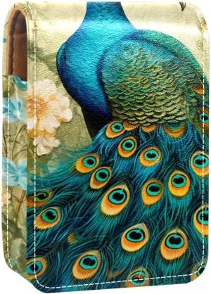 Lipstick Case,Leather Lip Gloss Lipstick Organizer with Mirror,Mini Lipstick Holder Bag,Abstract Peacock Feather Tail