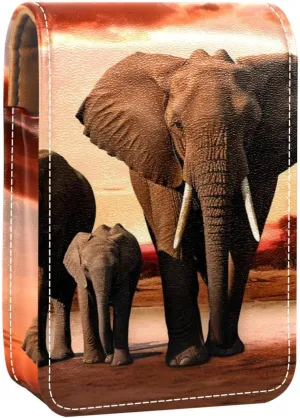 Lipstick Case,Leather Lip Gloss Lipstick Organizer with Mirror,Mini Lipstick Holder Bag,African Grassland Elephant Family
