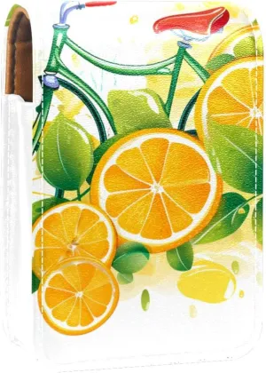 Lipstick Case,Leather Lip Gloss Lipstick Organizer with Mirror,Mini Lipstick Holder Bag,Bike Wheels Lemon and Orange