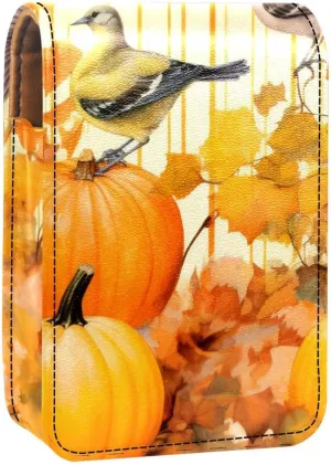 Lipstick Case,Leather Lip Gloss Lipstick Organizer with Mirror,Mini Lipstick Holder Bag,Birds Autumn Flowers Pumpkins