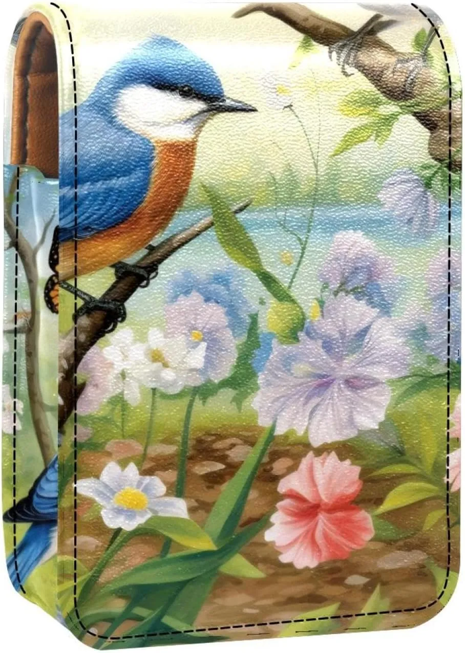 Lipstick Case,Leather Lip Gloss Lipstick Organizer with Mirror,Mini Lipstick Holder Bag,Birds Flowers Garden River