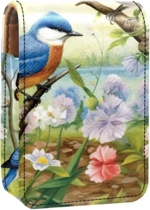 Lipstick Case,Leather Lip Gloss Lipstick Organizer with Mirror,Mini Lipstick Holder Bag,Birds Flowers Garden River