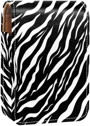 Lipstick Case,Leather Lip Gloss Lipstick Organizer with Mirror,Mini Lipstick Holder Bag,Black White Zebra Print