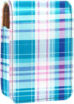 Lipstick Case,Leather Lip Gloss Lipstick Organizer with Mirror,Mini Lipstick Holder Bag,Blue Green Color Plaid
