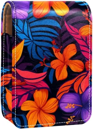 Lipstick Case,Leather Lip Gloss Lipstick Organizer with Mirror,Mini Lipstick Holder Bag,Blue Leaves Tropical Flowers