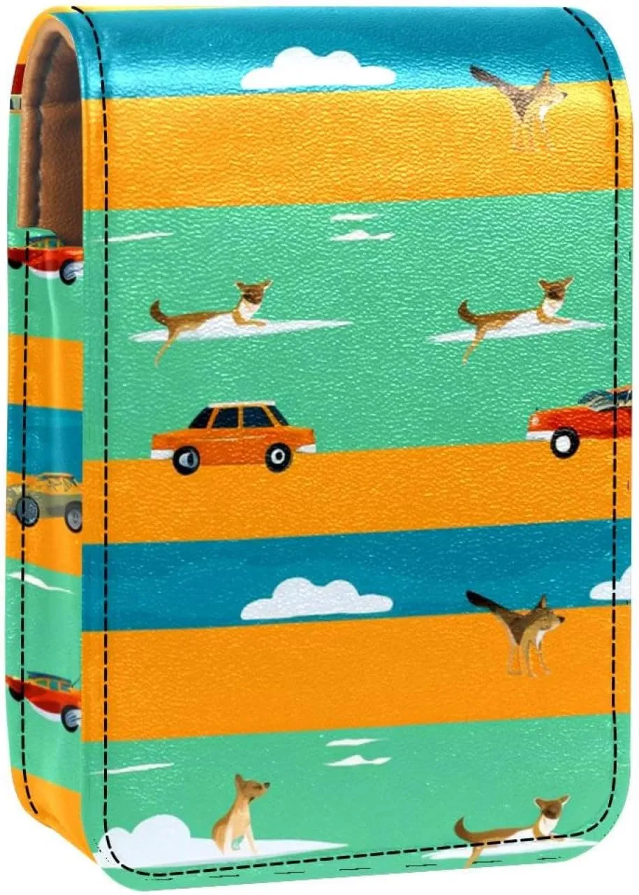 Lipstick Case,Leather Lip Gloss Lipstick Organizer with Mirror,Mini Lipstick Holder Bag,Blue Yellow Green Striped Fox