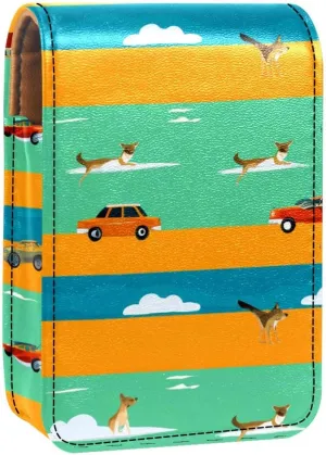Lipstick Case,Leather Lip Gloss Lipstick Organizer with Mirror,Mini Lipstick Holder Bag,Blue Yellow Green Striped Fox