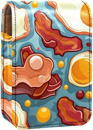 Lipstick Case,Leather Lip Gloss Lipstick Organizer with Mirror,Mini Lipstick Holder Bag,Breakfast Bacon and Eggs