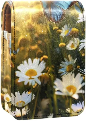 Lipstick Case,Leather Lip Gloss Lipstick Organizer with Mirror,Mini Lipstick Holder Bag,Butterfly Daisy Field