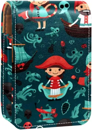 Lipstick Case,Leather Lip Gloss Lipstick Organizer with Mirror,Mini Lipstick Holder Bag,Cartoon Pirate Ocean Theme