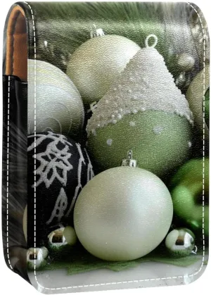 Lipstick Case,Leather Lip Gloss Lipstick Organizer with Mirror,Mini Lipstick Holder Bag,Christmas Ball Merry Christmas