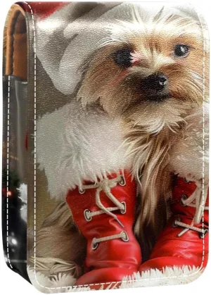 Lipstick Case,Leather Lip Gloss Lipstick Organizer with Mirror,Mini Lipstick Holder Bag,Christmas Shihtzu Dog