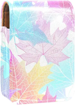 Lipstick Case,Leather Lip Gloss Lipstick Organizer with Mirror,Mini Lipstick Holder Bag,Color Texture Transplant Leaves