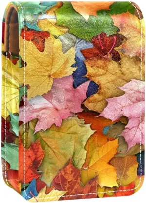 Lipstick Case,Leather Lip Gloss Lipstick Organizer with Mirror,Mini Lipstick Holder Bag,Colored Autumn Leaves