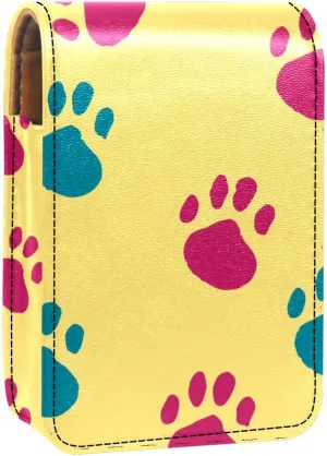 Lipstick Case,Leather Lip Gloss Lipstick Organizer with Mirror,Mini Lipstick Holder Bag,Colored Paws Yellow Background
